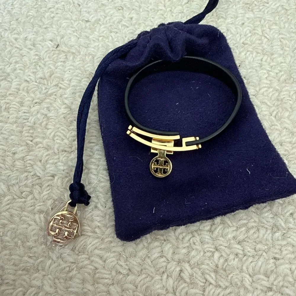 Tory Burch Logo Turnlock Leather Bracelet Black and Gold